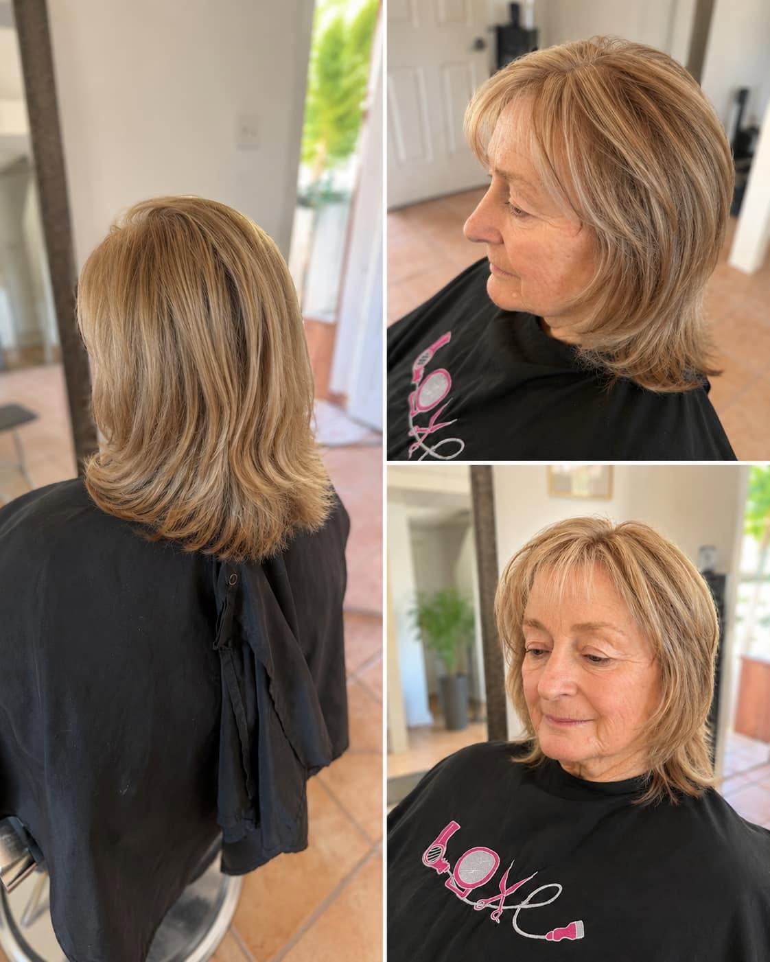 Collage of a woman with a layered blonde haircut, showing back, side, and front views in a salon setting.