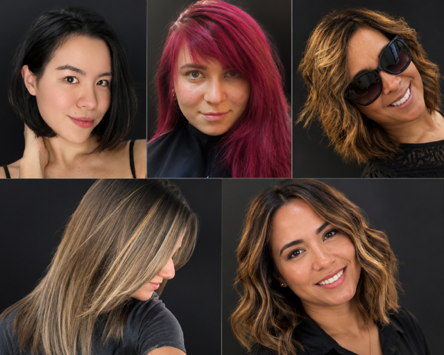 Collage of five women with different hairstyles, including black, pink, blonde, and wavy brown hair, against a dark background.