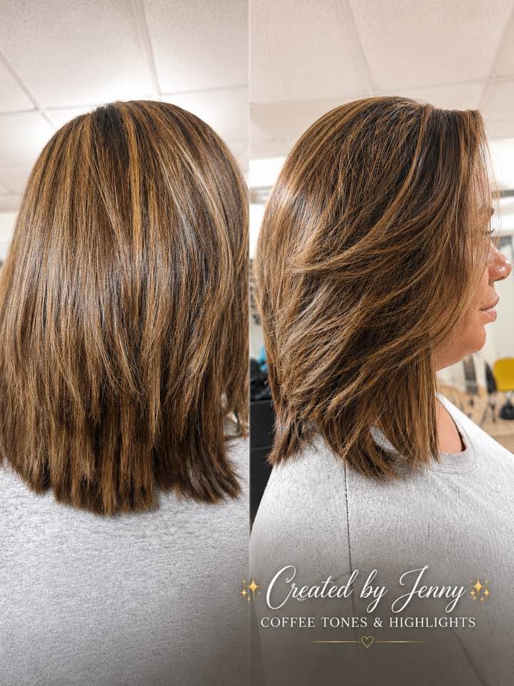 Side and back views of shoulder-length hair with coffee-toned highlights and layered styling on a person wearing a gray top.