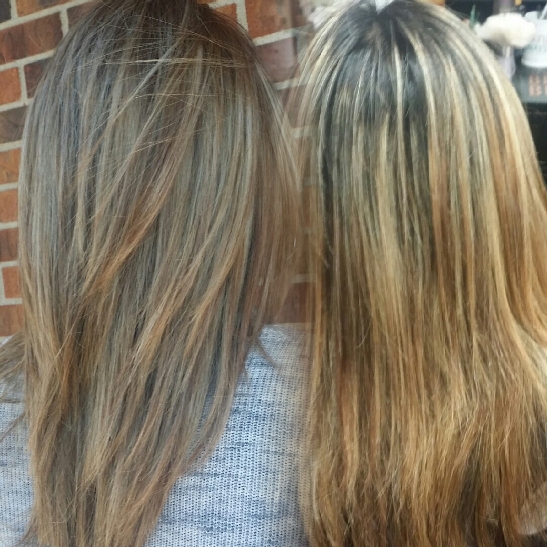 Two views of long, straight hair with gray and blonde highlights, shown against a brick wall.